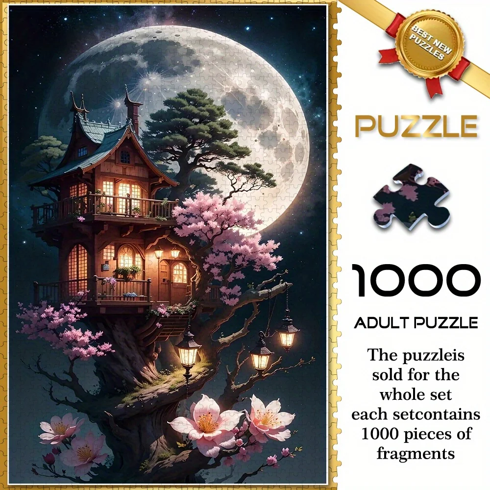 1000 قطعة من ألغاز معبد السماء الليلية اليابانية وأزهار الكرز - مستوى متقدم مقاوم للخدش مع فوانيس متوهجة وم