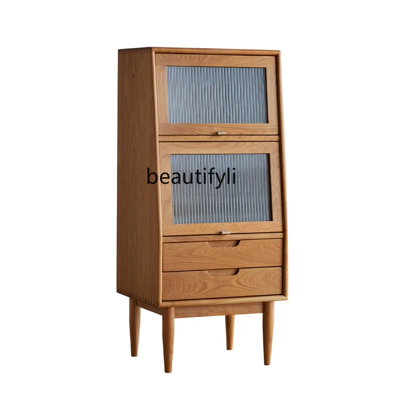 

Nordic Chest of Drawers Solid Wood Living Room Sofa Edge Display Cabinet Dining Side Locker Cherrywood Magazine Cabinet