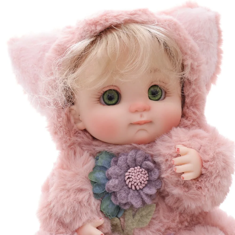 Cloveray authentique 10 pouces a été peint poupée reborn mignonne grands yeux rose en peluche oreille de renard jouet cadeau ornements de bureau pendentif de sac.