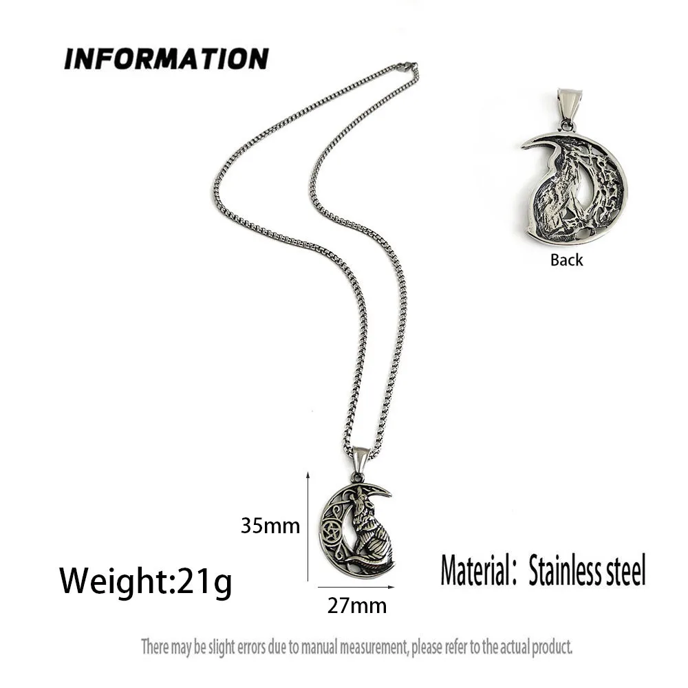 316L Stainless Steel Wolf On Crescent Moon Pendant Necklace Vintage Norse Box‑Chain Punk Hip‑Hop Amulet Jewelry Gift for Guys