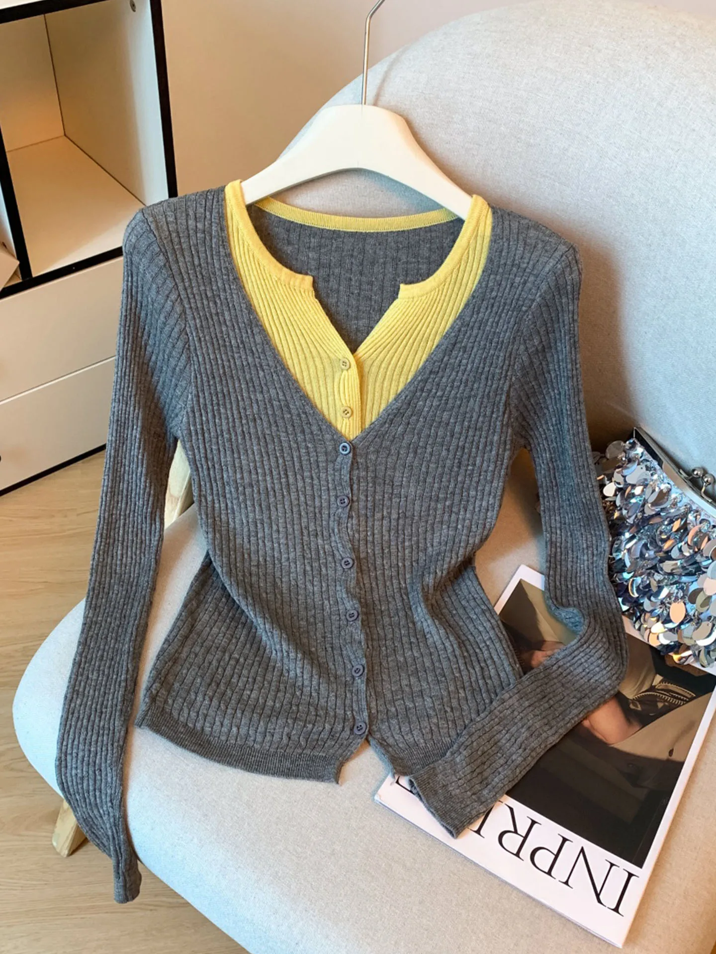 

Emily Clud Recommended Color Blo V-Ne Knitted Open Cardigan Women's Slim Fit Long Sve Top Faionable Autumn Wear