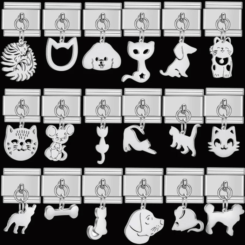 

Italian Charm DIY Jewelry Cute Cat Lucky Dog Stainless Steel Simple Bone Kitty Head Accessories Link Fit 9mm Bracelet DIY Making