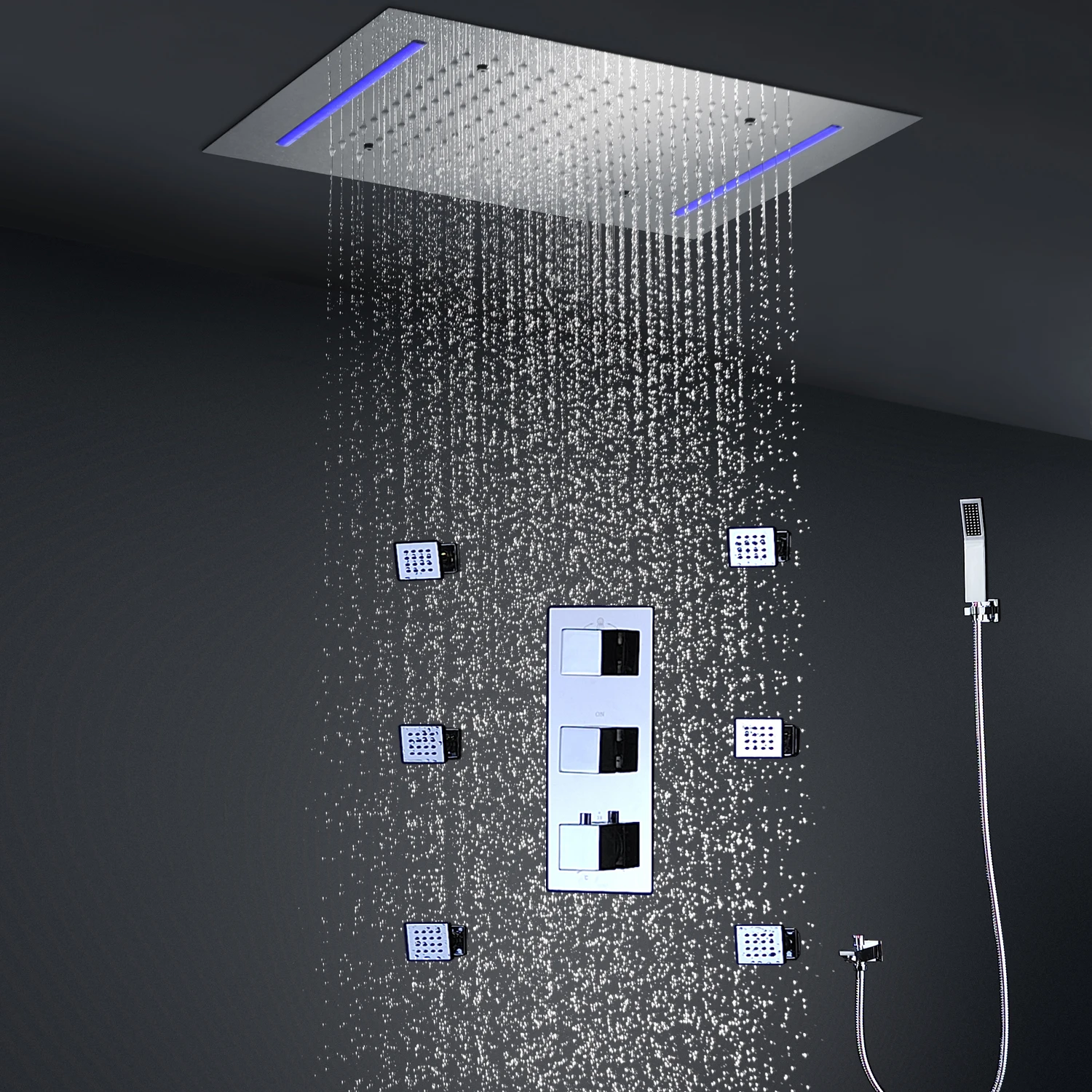 

hm LED Rainfall Shower Set Thermostatic Mixer Bathroom Faucets Brass Concealed Ceiling Rain Showerhead with Body Jets