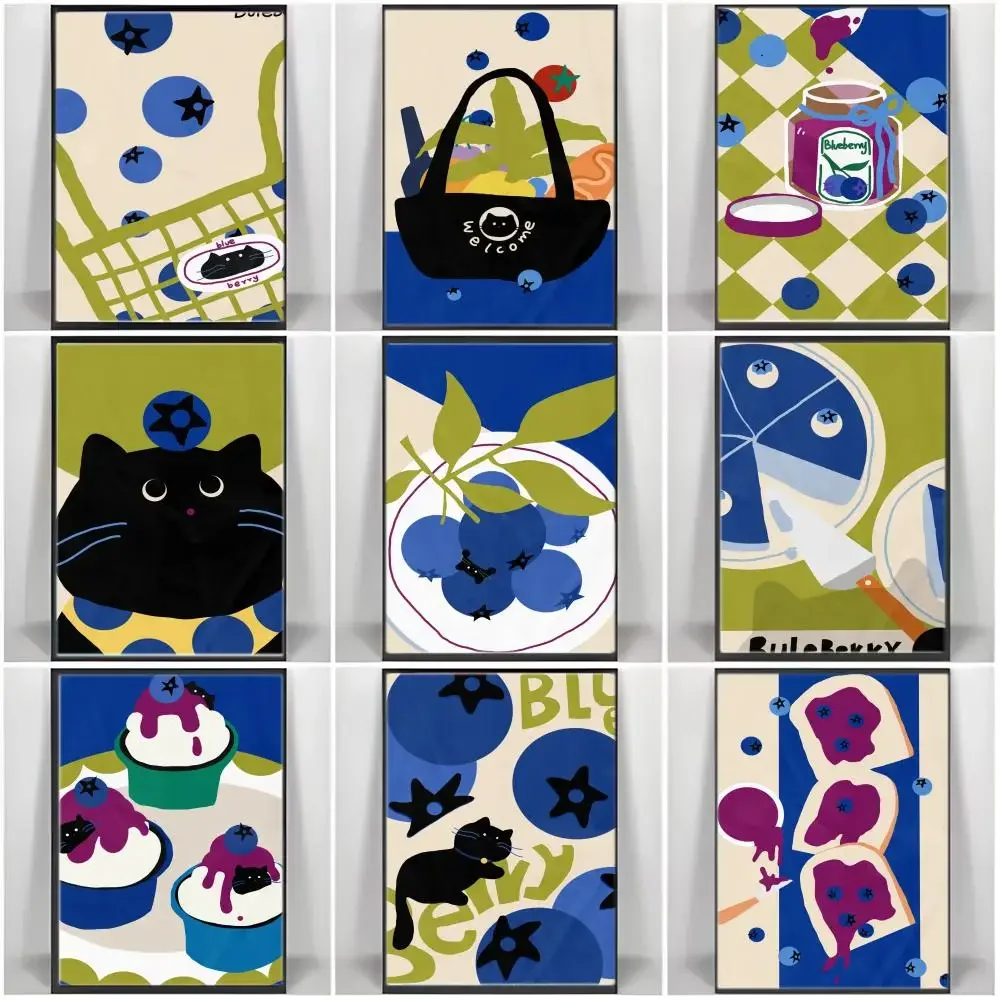 Cartoon Style B-Blueberry Black Cat Poster Self-adhesive Art Waterproof Paper Sticker Coffee House Bar Room Wall Decor