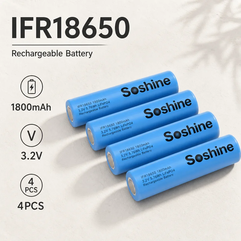 18650 LiFePO4 Battery 3.2V 1800mAh Rechargeable Lithium Iron Phosphate Cell, Cylindrical Replacement Battery, 2000 Charge Cycles