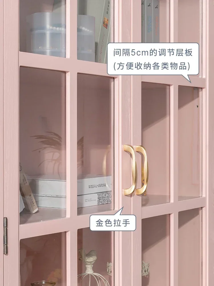 TAO American Bookcase Dust Belt Glass Door Floor-Standing Rack Bookshelf Pink Storage Display Cabinet Solid Wood Bookcase