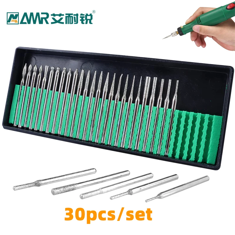 30pcs Shank Diamond Burs Set With Box For Dremel Electric Grinder Power Accessories Abrasive Drill Bit Rotary Tool Set 2.35/3mm