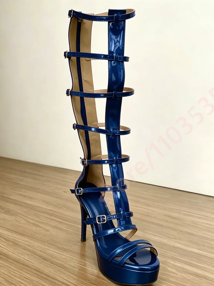 Women Metallic Knee‑High Gladiator Sandals Open Toe Multi‑Strap Cutout Platform Block High Heel Nightclub Party Fashion Boots