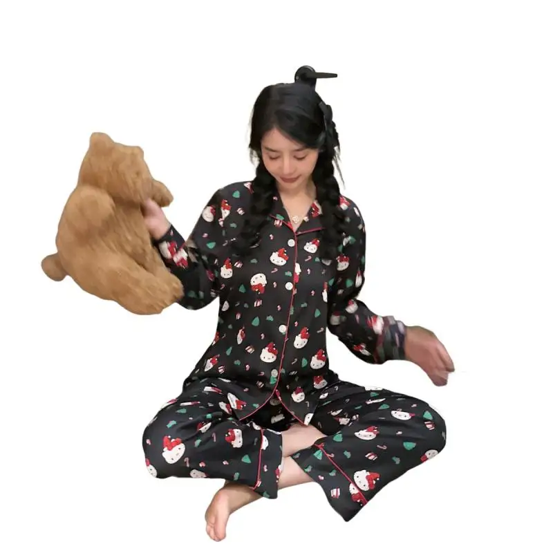 

Sanrio Girl Sexy Ice Silk Leisure Пижамный костюм с лацканами Kawaii Hello Kitty Аниме Мода Весна и осень Комплект одежды для отдыха на выходе