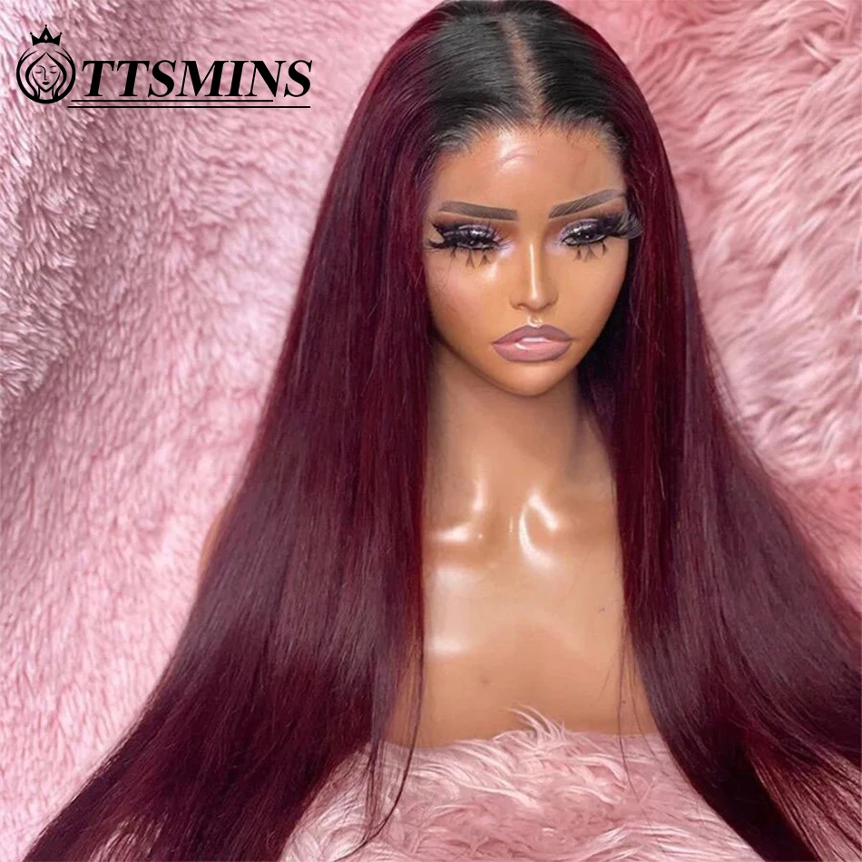 Perruque Lace Front Wig sans colle naturelle, cheveux soyeux lisses, 1B/99J, 13x4, ombré vin rouge, pre-plucked, densité 180%, pour femmes