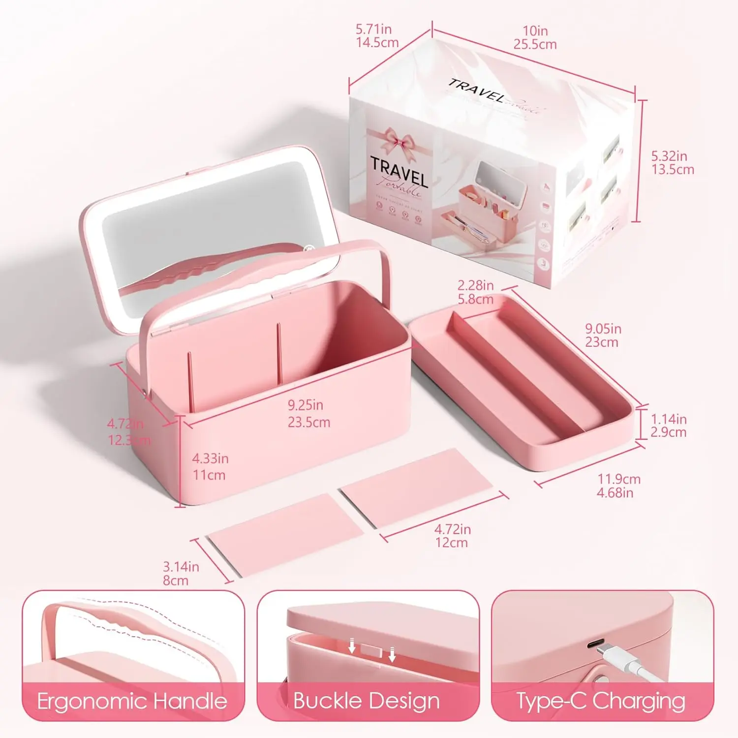 ミラー付きメイクアップケース 3色照明付きメイクアップミラー ミラー付きメイクアップボックス DIYパーティション コンパートメント付き充電式