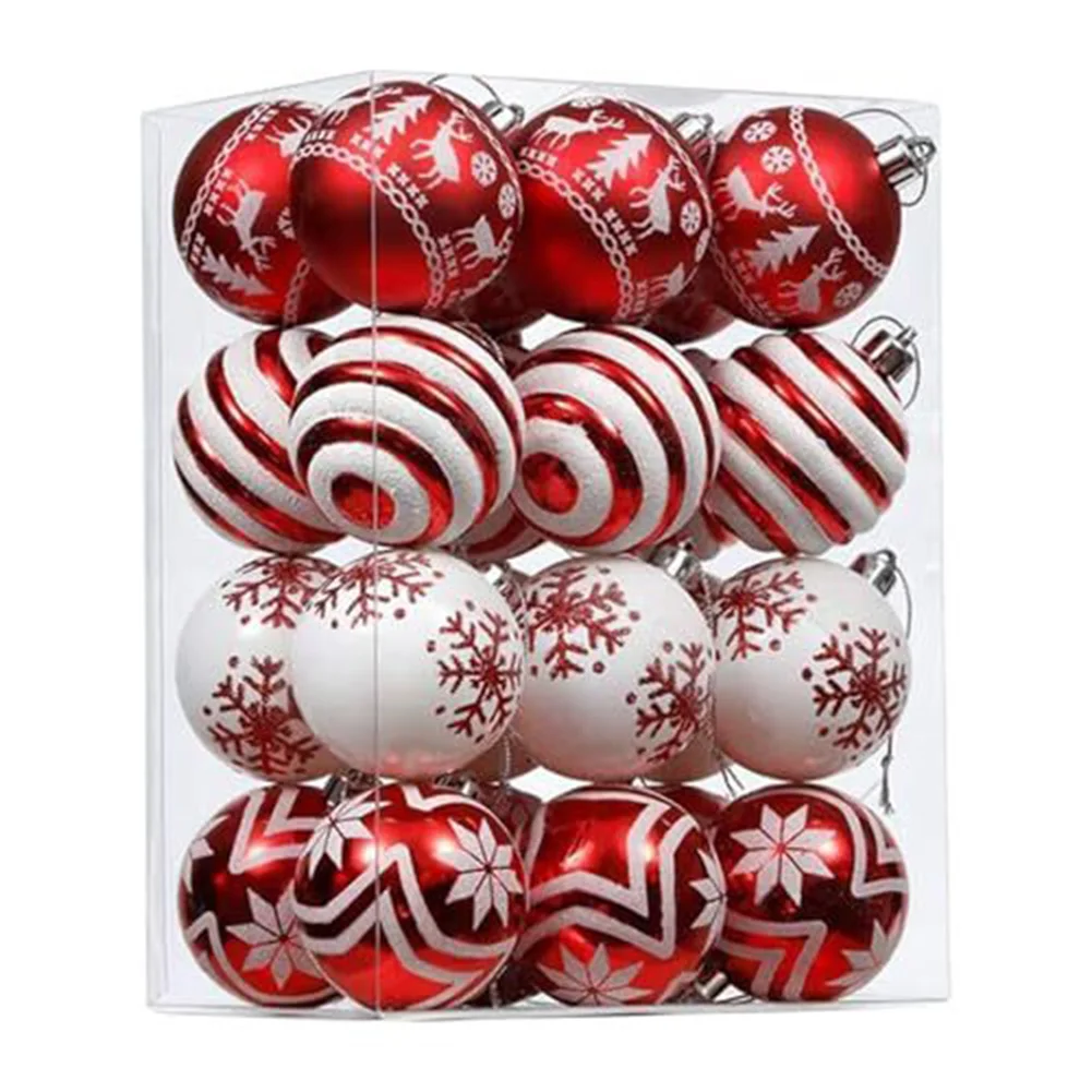 

24 Shatterproof Plastic Christmas Ball Ornaments with Classic Holiday Themed Designs for Indoor and Outdoor Use