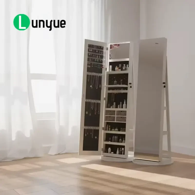 Modern Solid Wood Standing Mirror Jewelry Cabinet 360 Degree Rotating Lockable Large Capacity Storage Organizer for Living