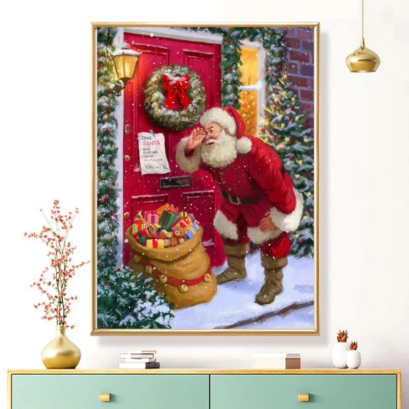 

Hot selling Santa Claus home red house home decoration wall art background hanging painting metal frame painting for Christmas