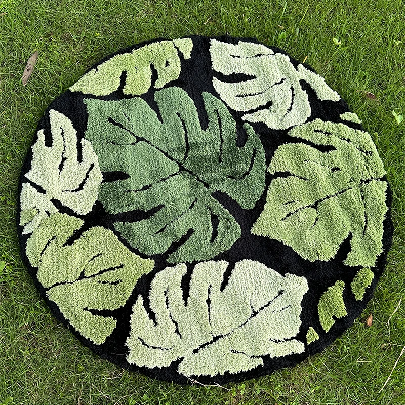 Round Green Monstera Tufted Rug Area Rug Tropical Leaf Plush Rug for Living Room Bathroom Home Fluffy Boho Plant Bath Mat