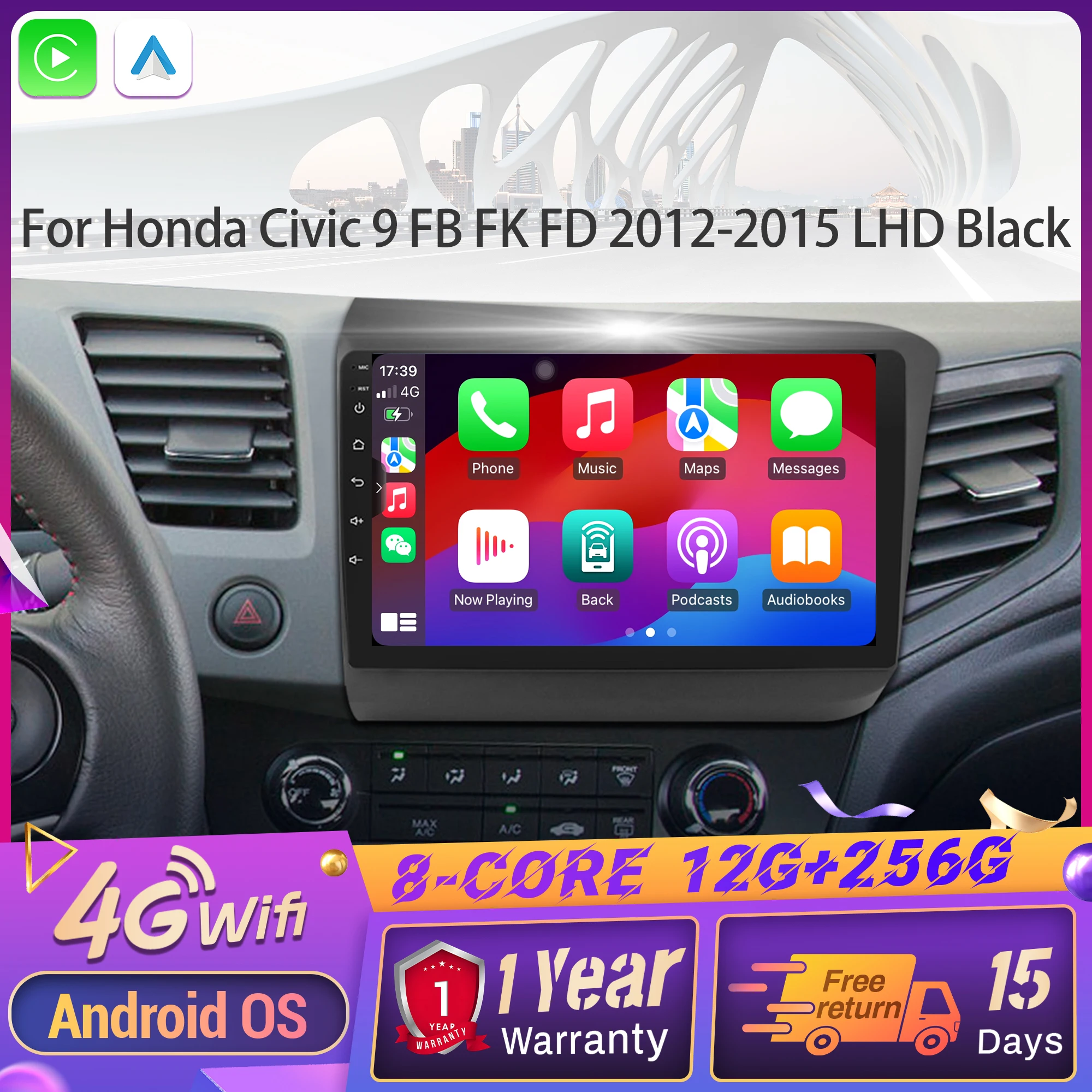 

Для Honda Civic 9 FB FK FD 2012-2015 LHD Черный Android 14 Автомобильный радиоприемник Мультимедиа 4G Беспроводной CarPlay Сенсорный экран Bluetooth Стерео