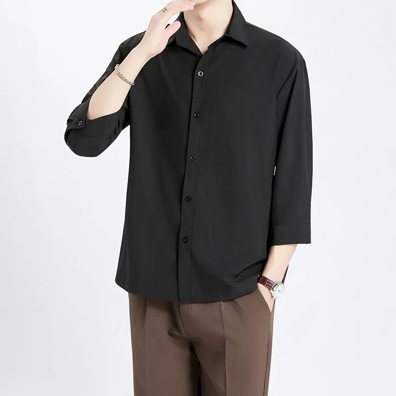

Korean Style New Fashion Men's Solid Color Casual Trendy Loose Turn-down Collar Three Quater Sleeve Business Shirts Male Clothes