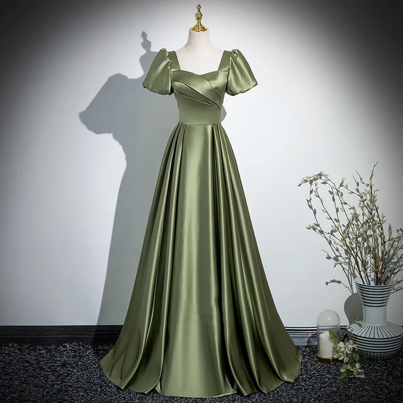 

French Elegant Green Satin Evening Dresses For Women A-line Floor-length Banquet Gown Square Neck Bandage Backless Formal Dress