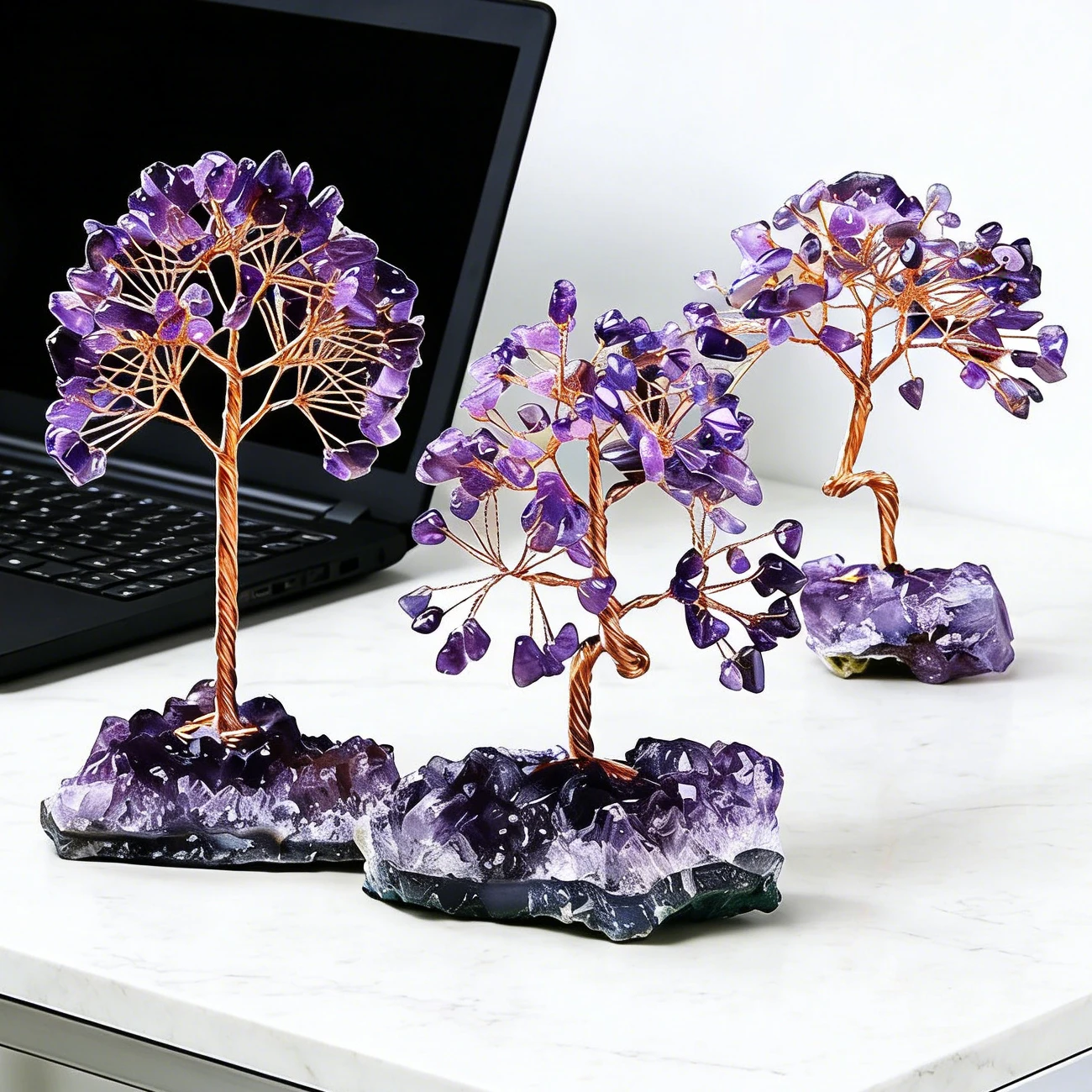 Arbre à Argent en Améthyste Naturelle, Cristal Feng Shui pour l'Attraction de Richesse, Ornement Artisanal de Bureau, Cadeau Unique de Guérison Reiki