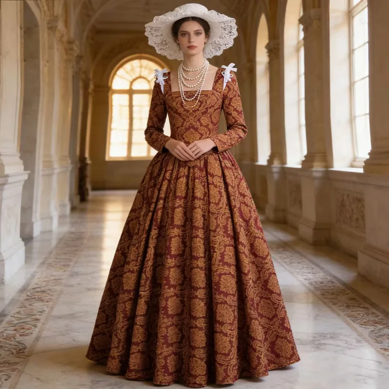 Vestido Longo Medieval de Rainha da Renascença Borgia para Mulheres, Estilo Renascentista Italiano, em Estoque