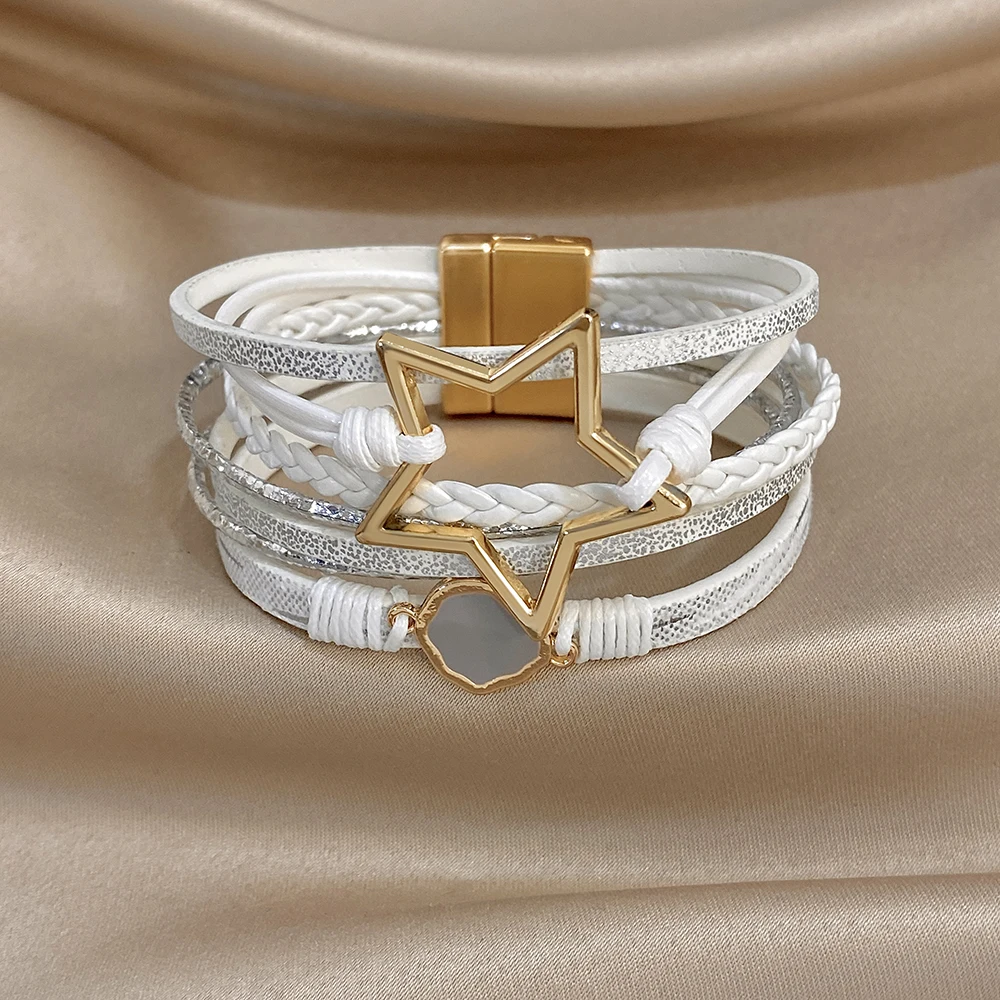 ALLYES Vintage Armband aus gewebtem Leder mit ausgehöhltem Stern für Damen, klobiges Boho-Mehrschicht-Armband, breites Wickelarmband, Charm-Schmuck – Detail 11