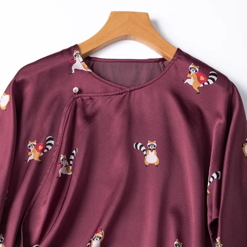 Birdtree 21MM 100%  Silk Red Purple Shirt,Women Plain Satin Diagonal Placket Raccoon Print Blouse,2025 New T57004JF