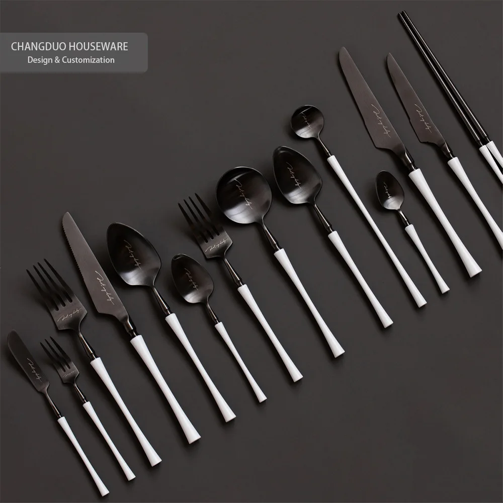 Nordic Stainless Steel Cutlery Black and White Western Tableware Knife Fork Spoon Set Chopsticks Creative Silverware