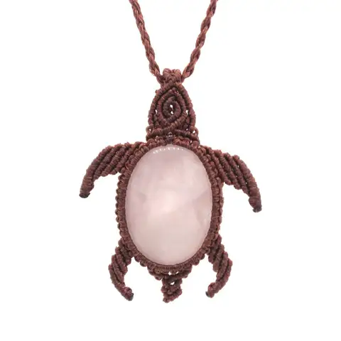 Crystal Rope Wrapped Braided Macrame Tortoise Pendant Necklace For Women Natural Rose Quartz Agate Stone Handmade Thread Pendant