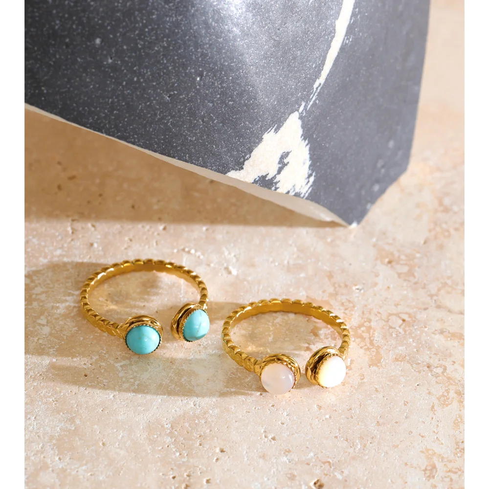 Yhpup Natural Shell Turquoise Stone Adjustable Fashion Ring Stainless Steel Daily Attractive Jewelry Wholesale