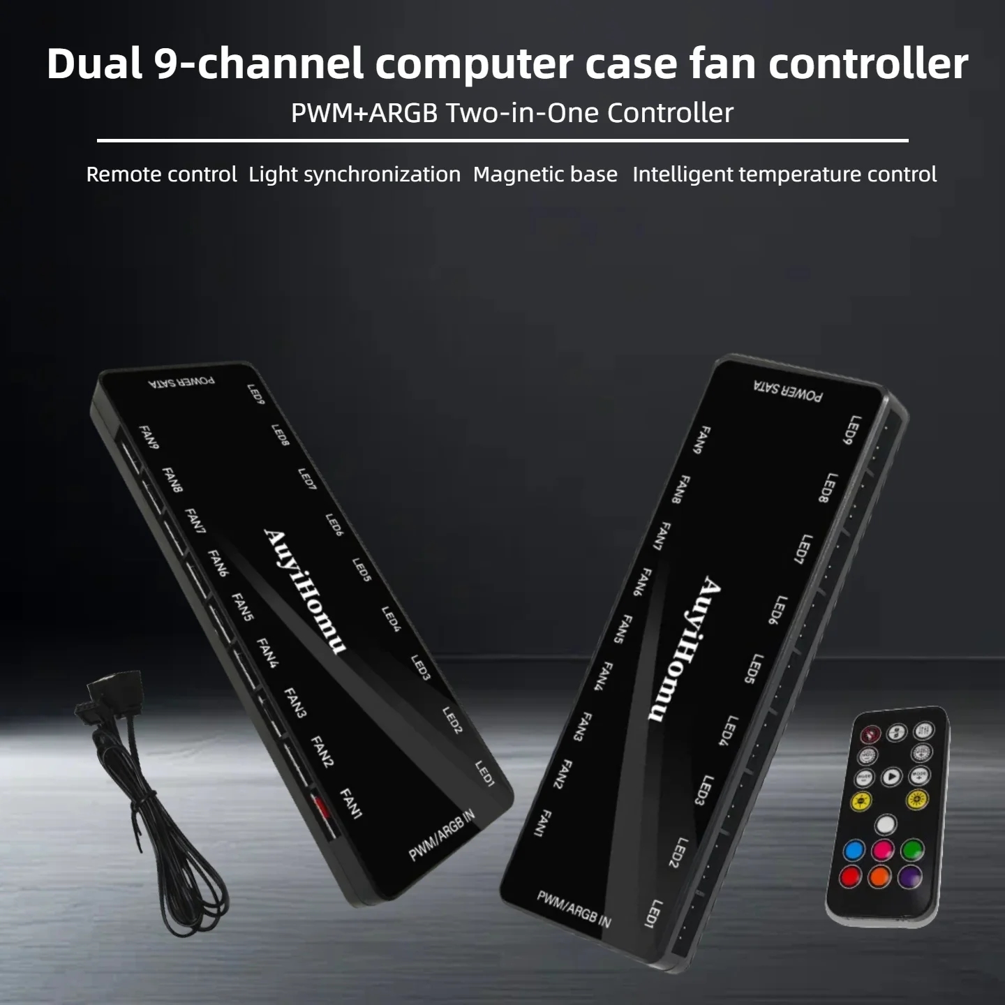 

Dual 9-port Case Fan Hub, ARGB Controller with Remote Control, 5V 3-pin PWM + ARGB 2-in-1 Fan Controller (No Battery).