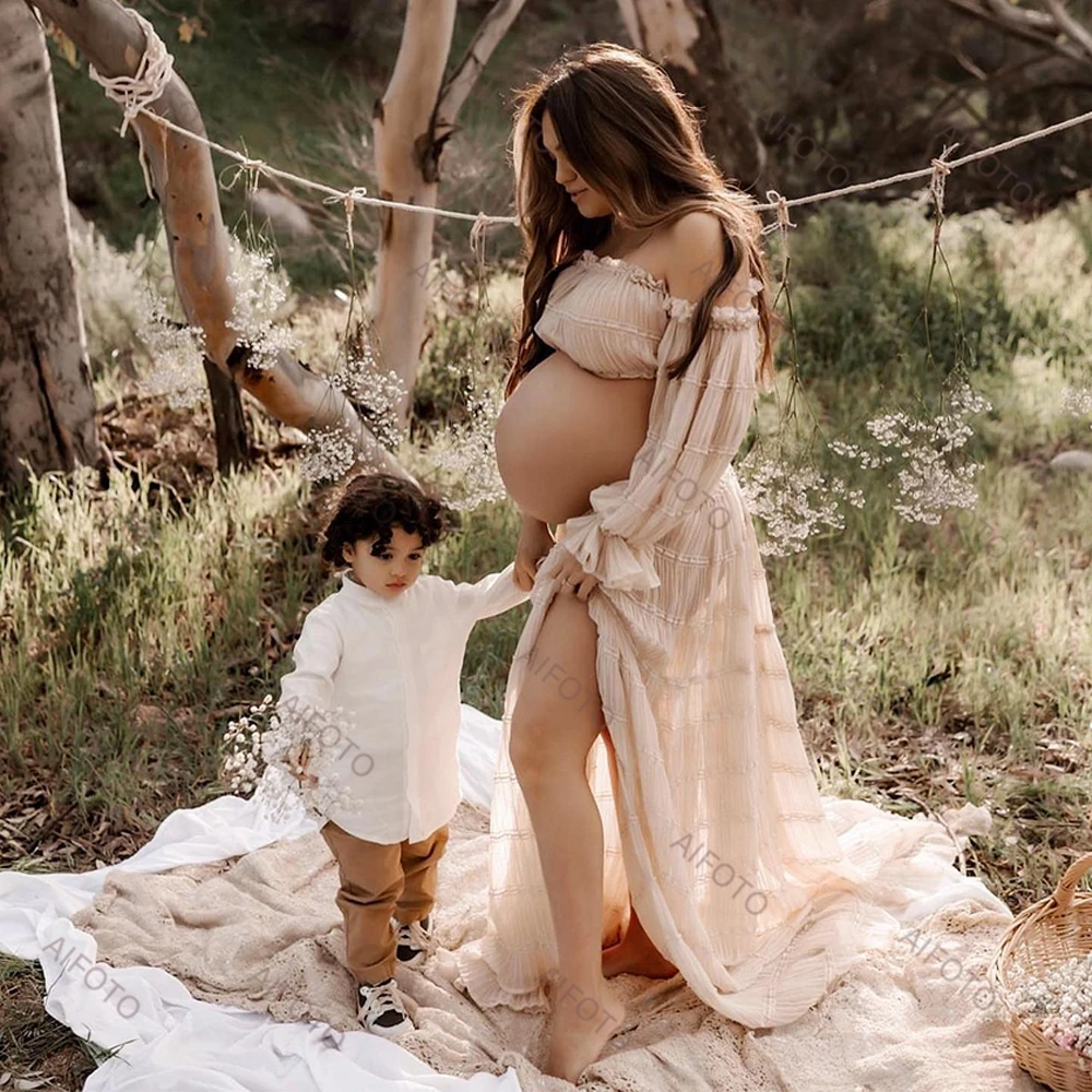 ALTERPhotographie-Robe Longue Maxi pour Femme Enceinte, Tenue de Grossesse Sexy Deux Pièces en Tulle et Mousseline de Soie, Vêtement Bohème