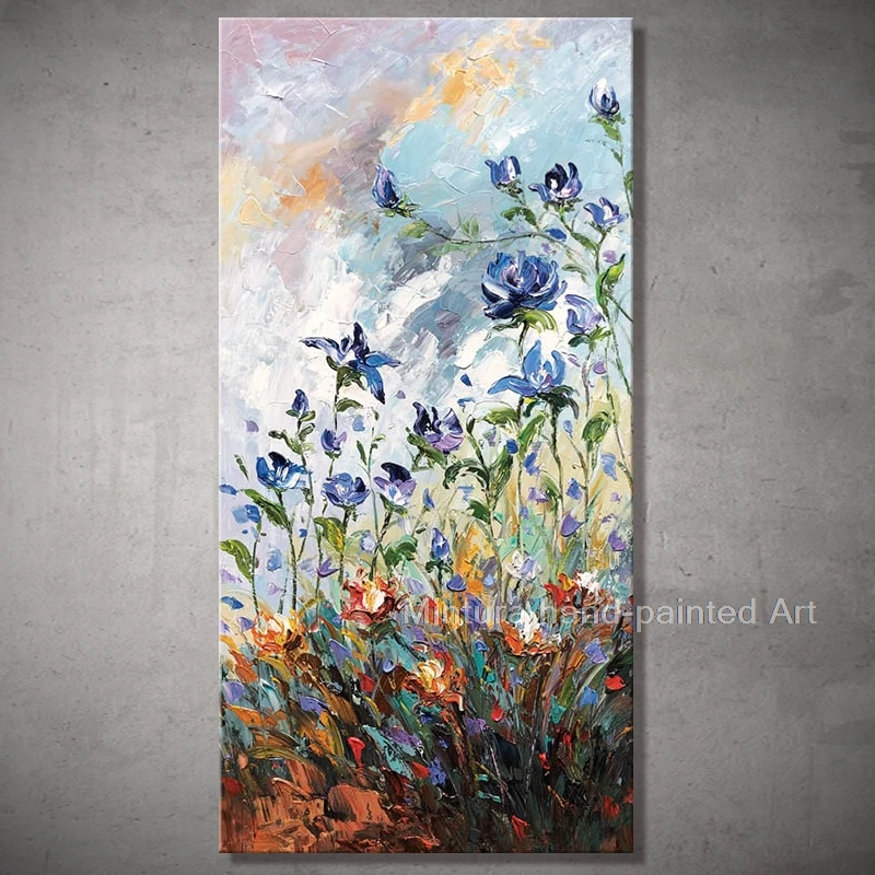 Hand Painted Modern Abstract Purple Flowers Oil Painting On Canvas,Knife Painting Wall Art,Pictures Living Room Home Aisle Decor