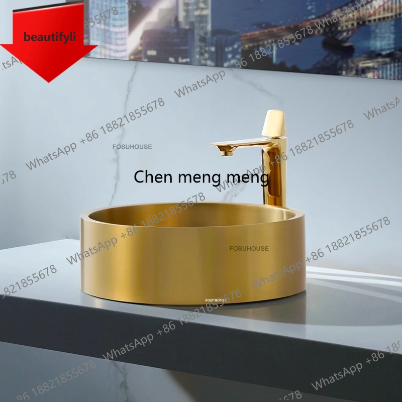 

A44 Nordic Stainless Steel Bathroom Sinks Brushed Gold Above Counter Basin European Round Single Washbasin for Bathroom Accessor