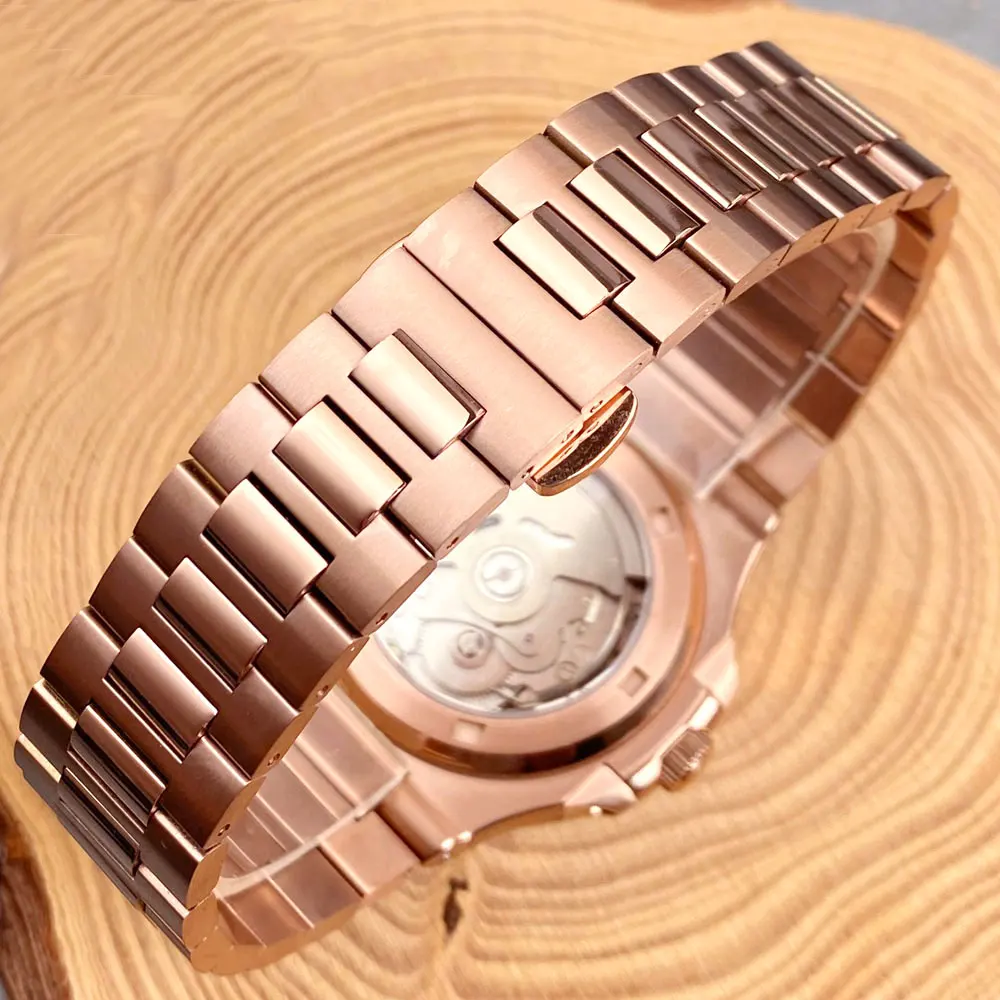 تخصيص كامل ارتفع الذهب مربع نحى حالة التلقائي الرجال ووتش NH35 حركة 10ATM للماء الياقوت الكريستال البني الهاتفي