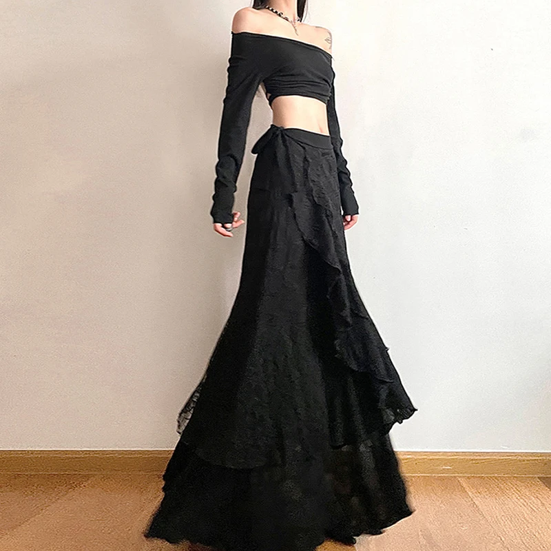 

Женские готические кружевные асимметричные макси-юбки в стиле Харадзюку, летние корейские черные длинные юбки Y2K с оборками, лоскутные повязки, дизайн Faldas