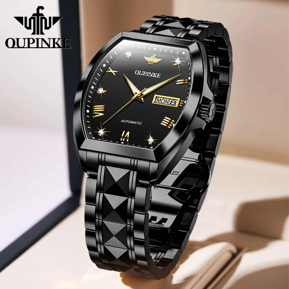 OUPINKE 3200 High Quality Automatic Watch for Men Tungsten Steel Strap Tonneau Mechanical Wristwatch Luxury Top Brand Man Watch