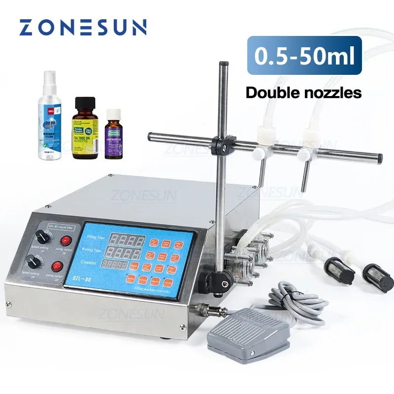 ZONESUN 0.5-50ml 2 Head Semi Automatic Peristaltic Pump Liquid Filling Machine Perfume Juice Essential Oil Bottle Water Filler