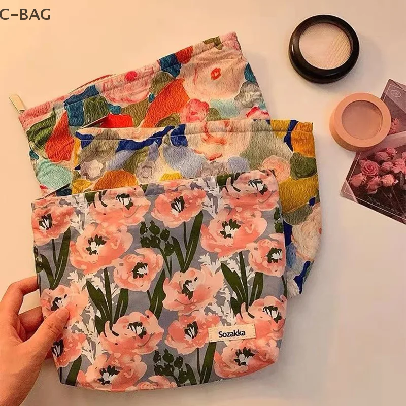 Cute Oil Painting Flower Cosmetic Bag Portable Simple Soft Zip Storage Bag Commuter Coin Key Bag Travel Wash Bag