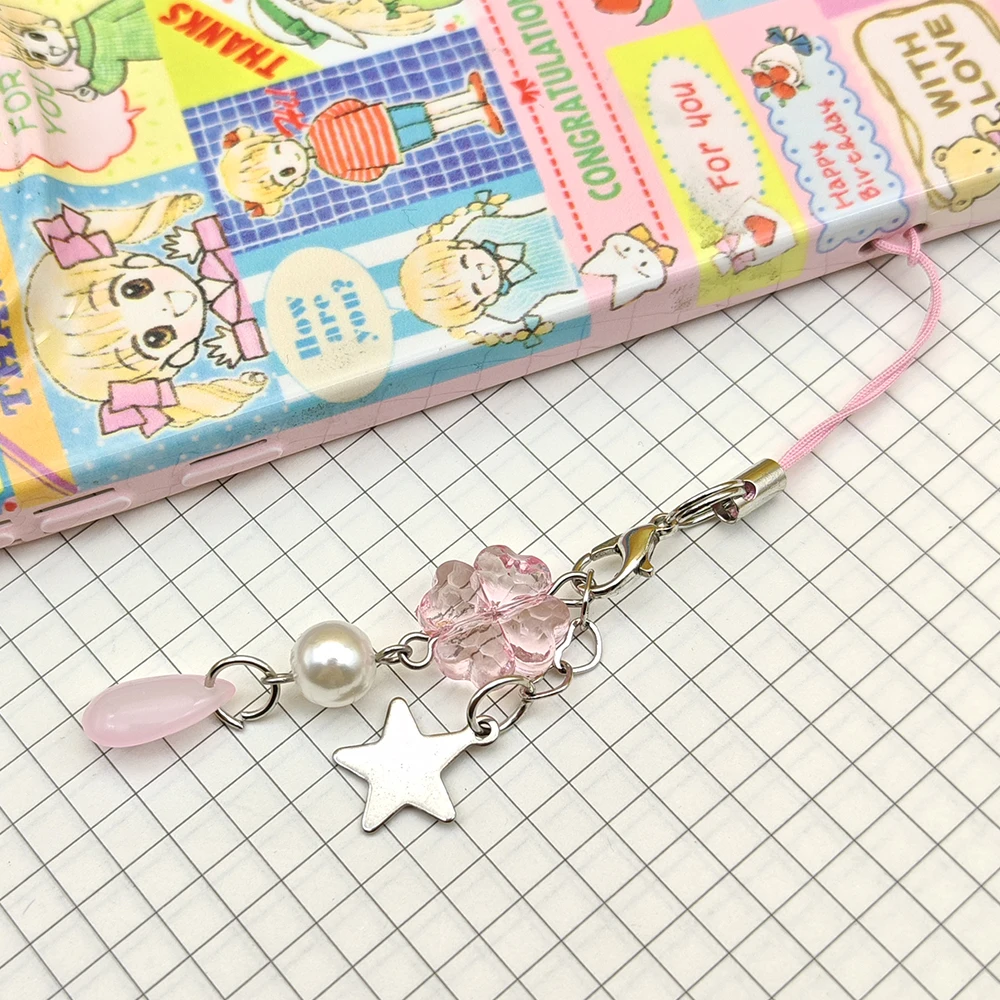 

Sweet Pink Heart Flower Phone Charm Coquette Aesthetic Star Pearl Beaded Lanyard Keychain for Women Girls Kawaii Bag Pendant