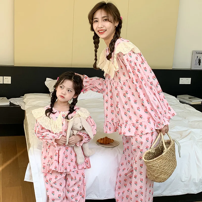 Mother Daughter Matching Cotton Pyjama Ladies Pajamas Set For Girls Pink Home Clothes Mommy And Me Sleepwear Clothes Tops Pants