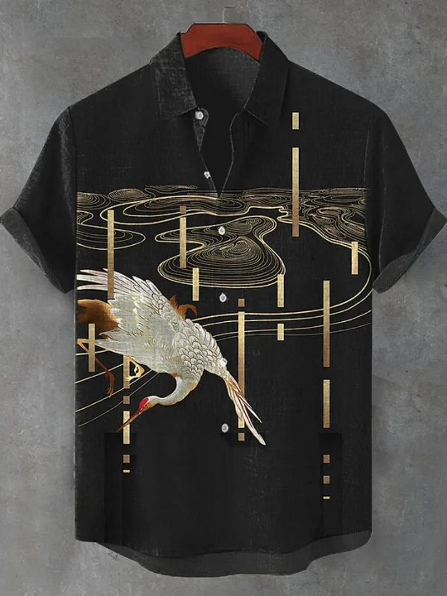 New Summer Men's Hawaiian Shirts Koi Print Short-sleeved Loose Vacation Beach Shirts Trendy Casual
