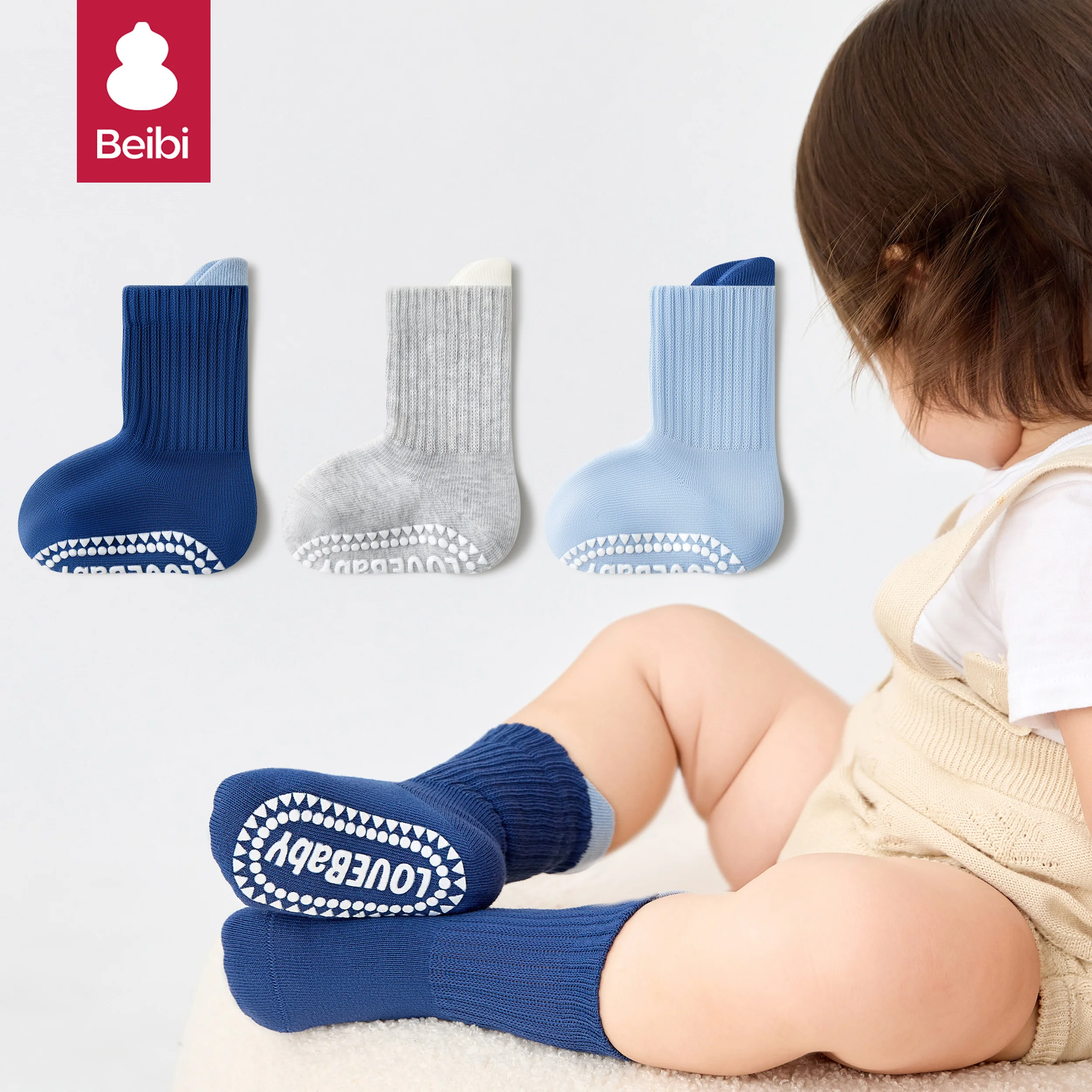 Beibi 3-Pair Glue-Dot Mid-Calf Socks, Non-Slip Indoor Socks for Fall and Winter, Learning-to-Walk Socks, Suitable for Ages 0-6