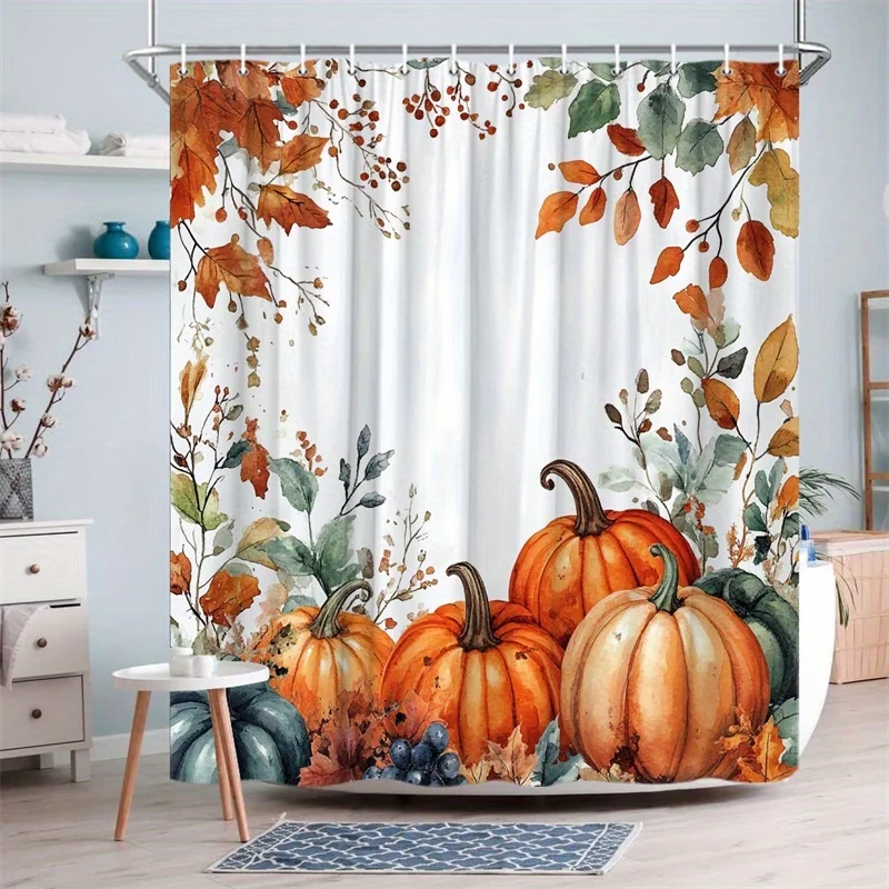Autumn Pumpkin Scene Shower Curtain - Watercolor Rustic Design with Red Berries, Colorful Leaves & White Background