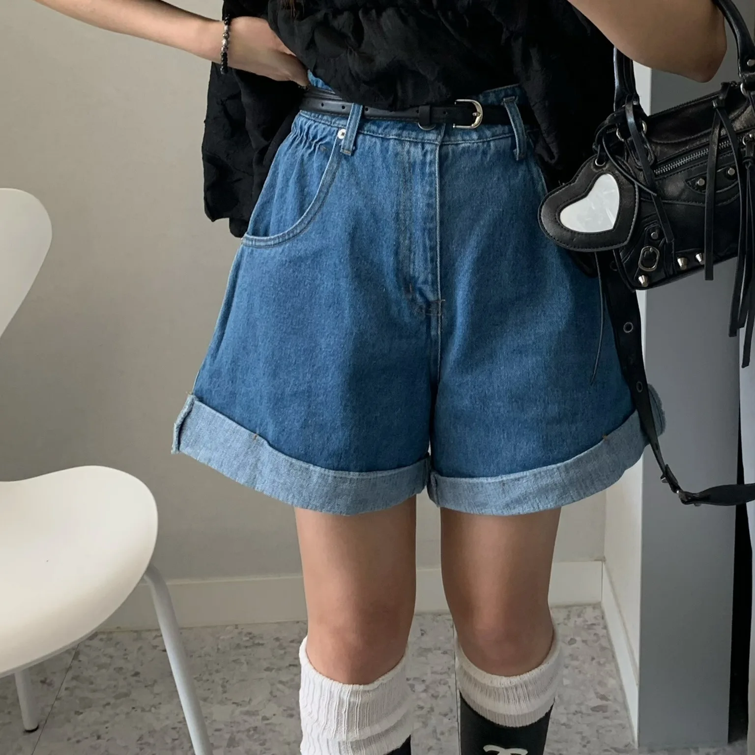 High Waist Loose Wide Leg Jeans Chic Cuffed Summer 2026 Women's Fashion with Belt Short Pants Korean Style Cotton 100%