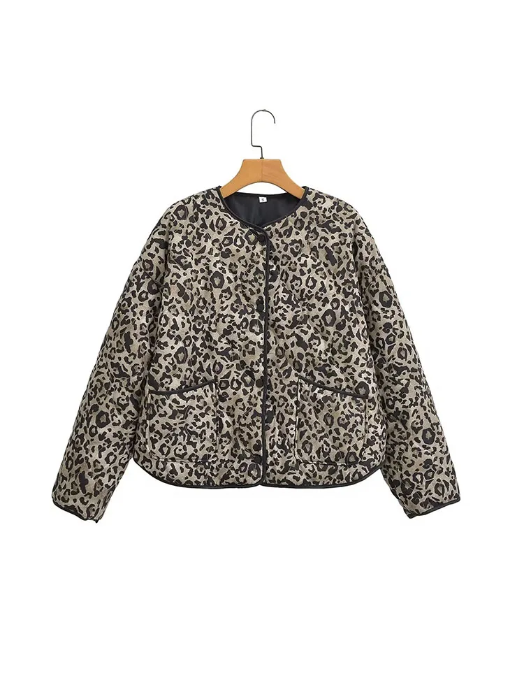 Autumn and winter new women\'s clothing light and versatile leopard print animal print round neck cotton jacket coat