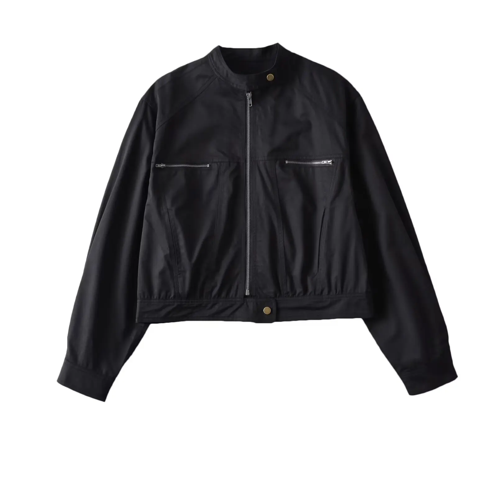 

American Retro Sli ex Loose Casual Zipper ket Pure Color Workwear Jaet Long Sve Outerwear Top