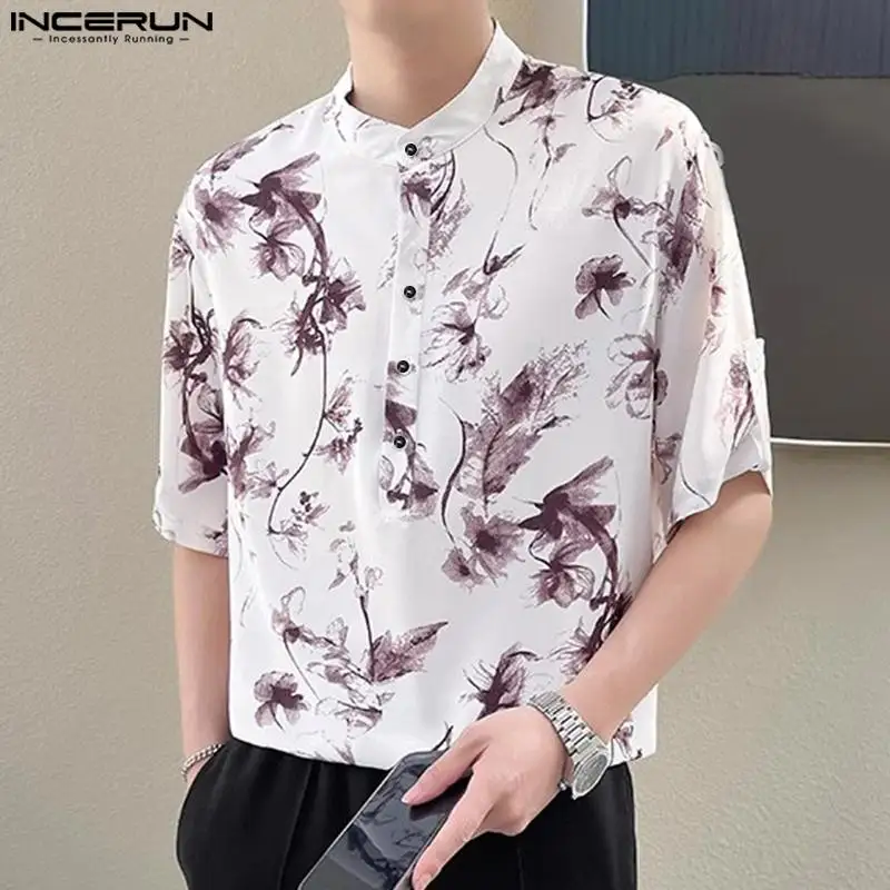 

INCERUN Tops 2024 Korean Style Handsome New Men's Floral Print Shirt Casual Streetwear Male Stand Neck Half Sleeved Blouse S-5XL