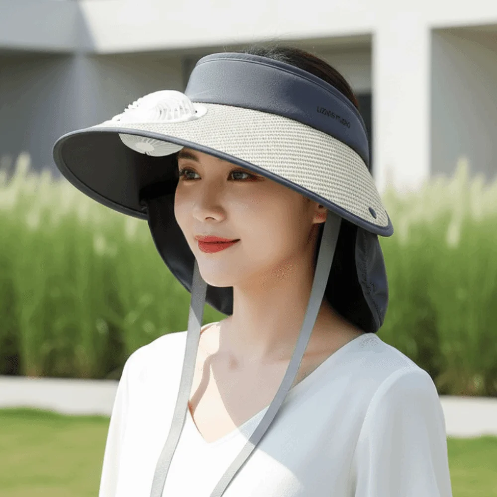 Portable Rechargeable Fan Hat Adjustable Long-lasting Fishing Sun Shading Cap with Neck Shawl Lightweight Wide Brim Fan Hat