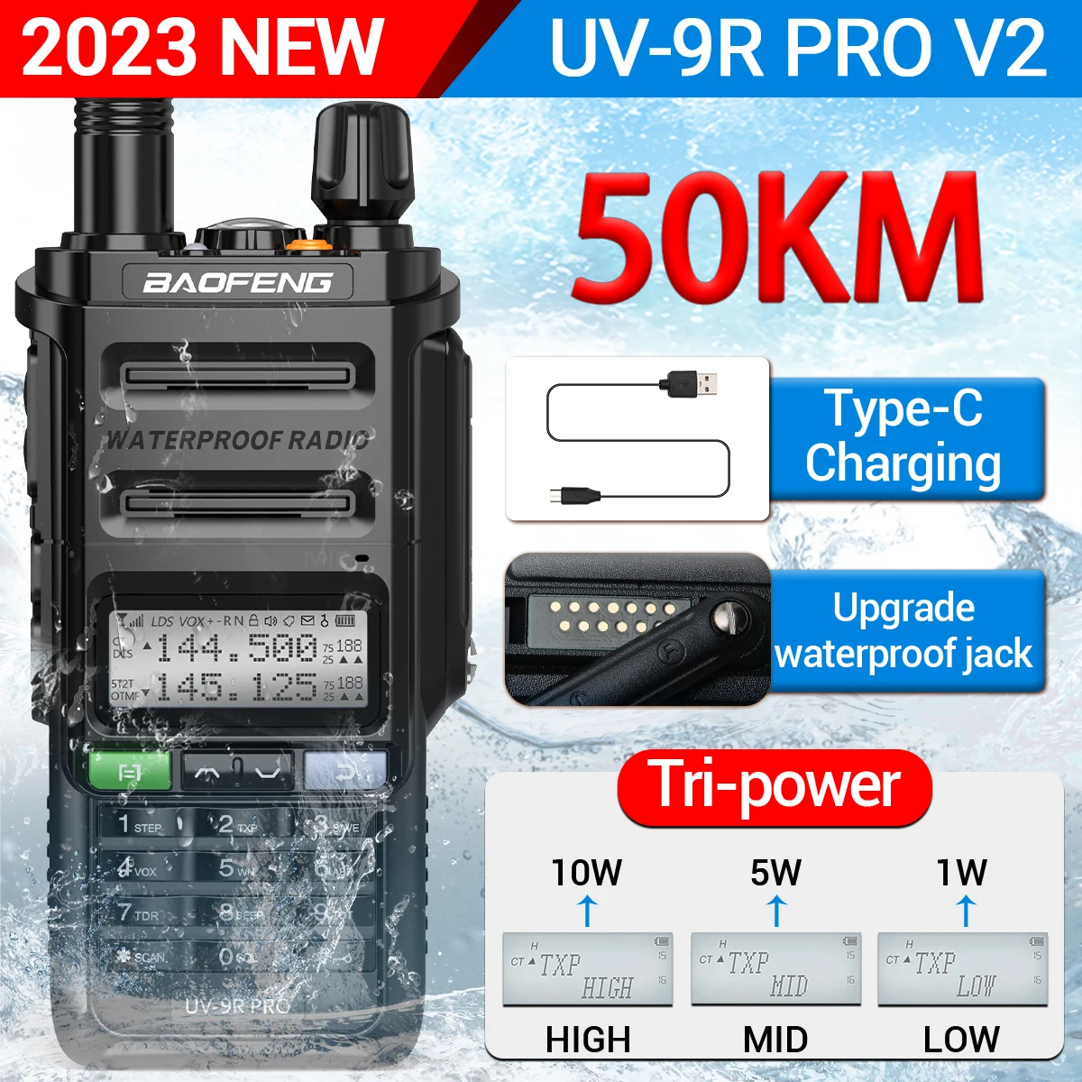 

Рация Baofeng UV-9R Pro V2, водонепроницаемая, IP68, Type-C, дальность действия 50 км