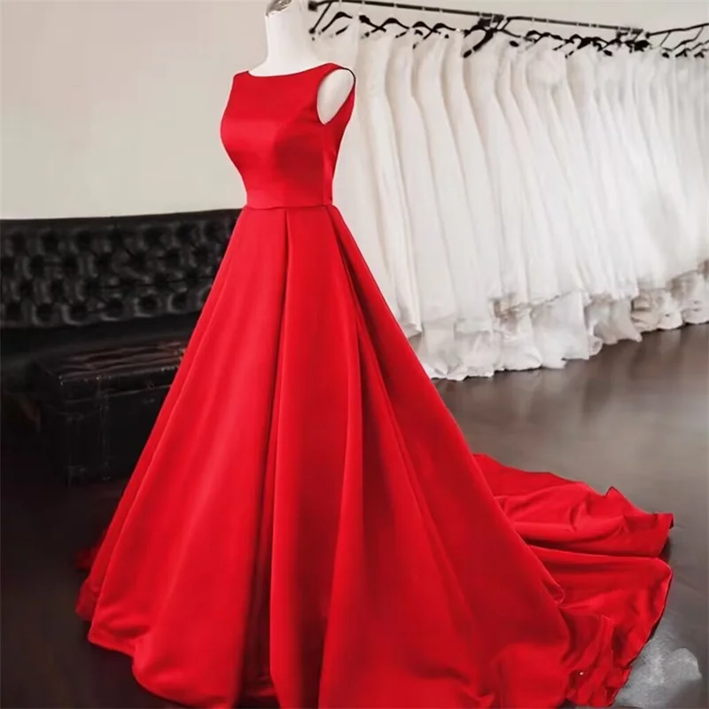 Customized Women's Scoop Neck Sweep Train Prom Dresses Backless A-line Simple Satin Long Formal Evening Party Dress with Pockets